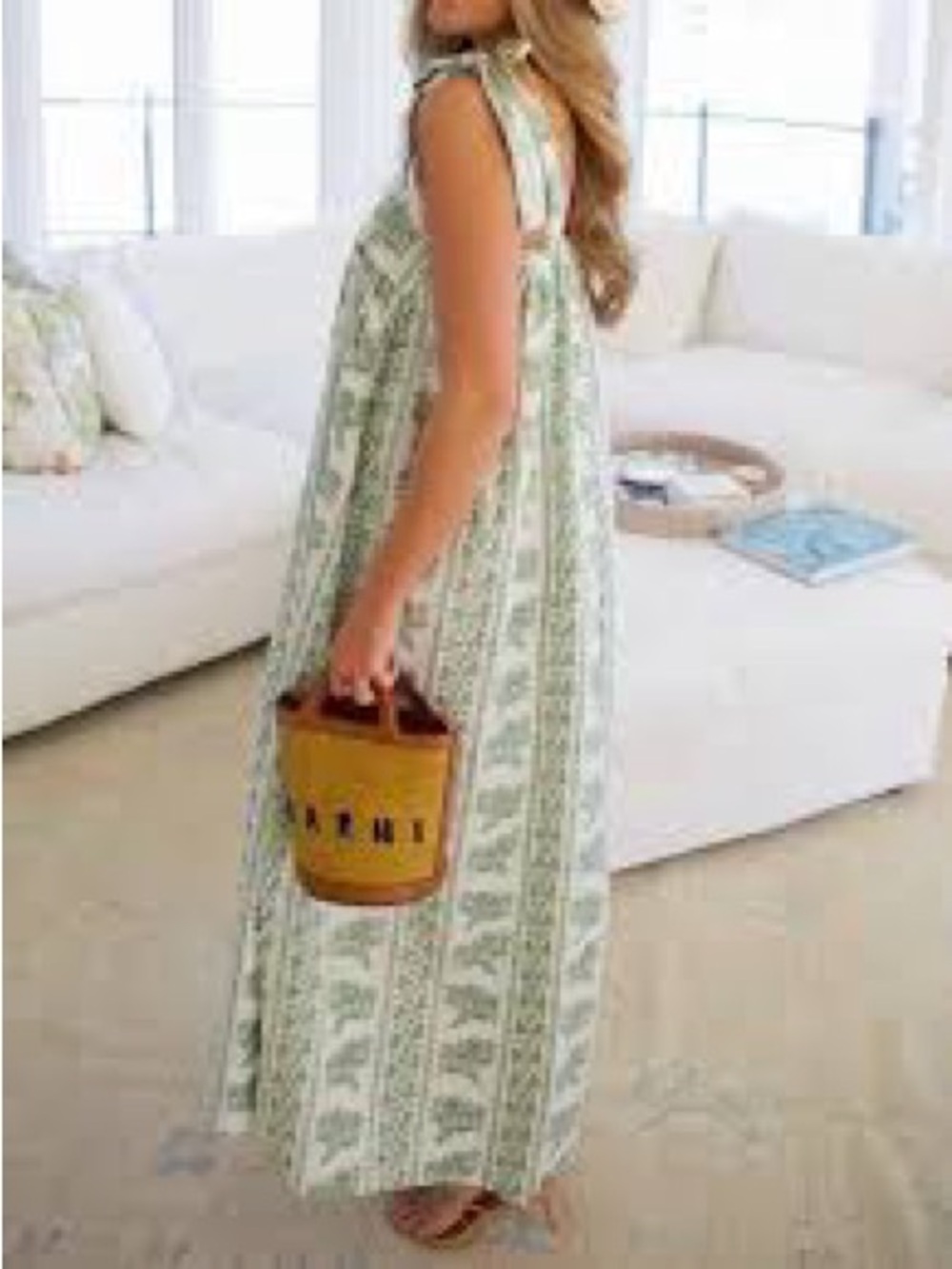 Green Floral Stripe Maxi Sundress with Tie Straps - Picture 3 of 4